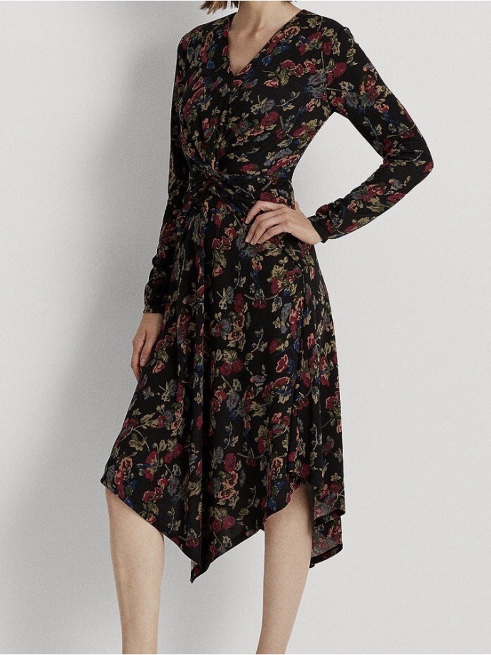 Lauren Ralph Black Floral Surplice Dress Size 14 Long Sleeve Handkerchief Hem